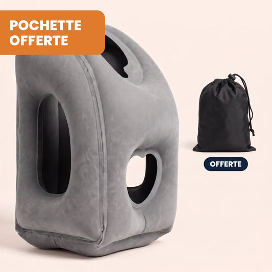 Oreiller de voyage gonflable Kalys gris et sa pochette de transport offerte